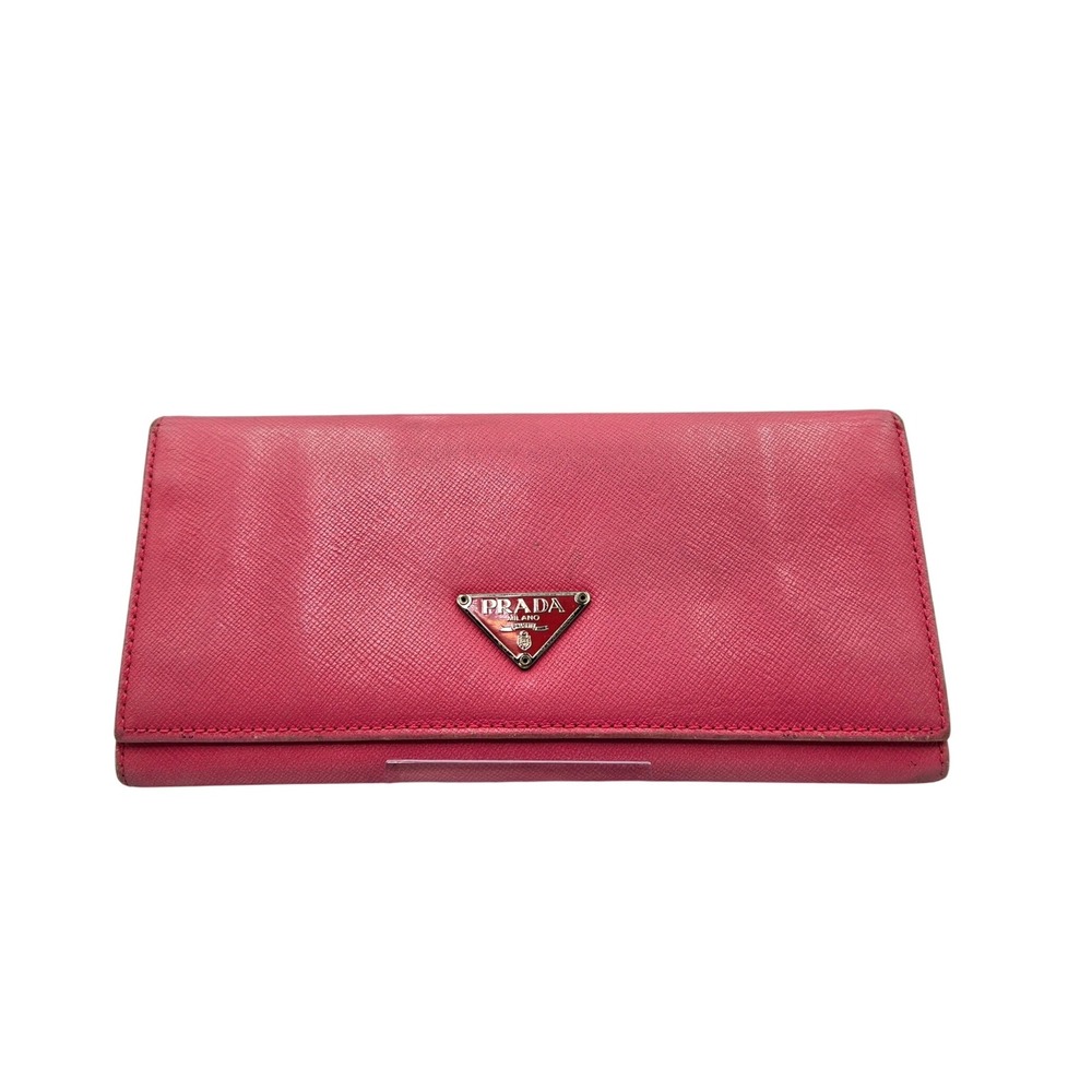 Prada Milano Continental Wallet Pink Saffiano Leather Snap Closure Bi-Fold